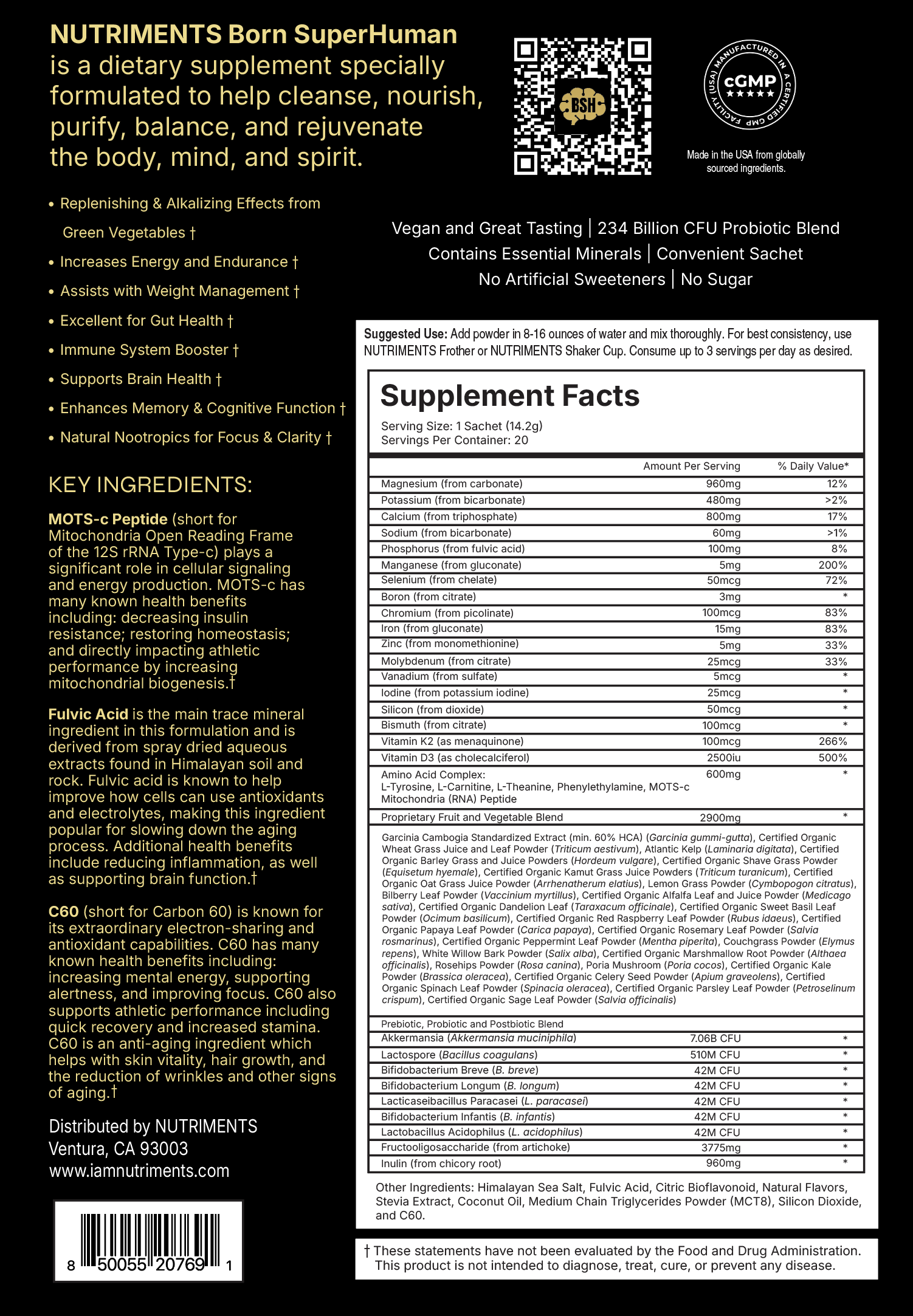 Born SuperHuman full ingredient label and Supplement Facts